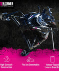 Snowmobile on side with Side Support Pole for safe track service and suspension maintenance; easy setup and removal tool