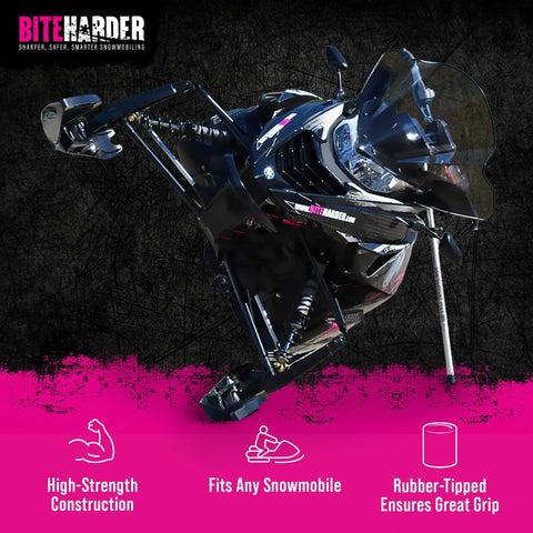 Snowmobile on side with Side Support Pole for safe track service and suspension maintenance; easy setup and removal tool