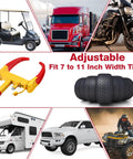 Three Pack Heavy Duty Trailer Wheel Locks For Cars And Vehicles Beefy Universal Anti Theft Tire Clamps Deterrent Yellow And Red Includes Two Keys Each For Campers SUVs ATVs Boats And Motorcycles front view with various vehicles