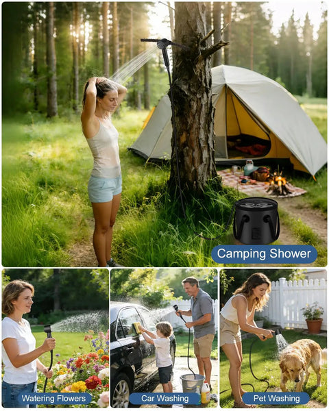 Portable Camping Shower Pump with 3 Speed Settings in use for camping, car washing, pet washing, and watering flowers outdoors.