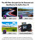 ND filter options for GoPro Hero 13 displaying ND8, ND16, ND32 strengths with landscape examples and a close-up of the filter on camera.