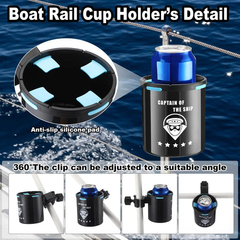Clamp On Marine Boat Rail Cup Holder Four Pack with 360 Degree Swivel and clamp design detail, no drilling required.