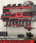 Power Tool Organizer With Charging Station Wall Mount For Garage, cordless drill and battery holder, heavy duty tool shelf in red