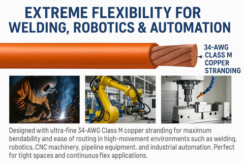 Heavy Duty Two AWG Ultra Flexible Welding Cable 15 Ft Orange Pure Copper Strand Heat Resistant TPE Jacket For Mig Tig Welders Hot Rod Projects And Battery Banks With Badass Flex And Serious Amp Kick showing copper strand details.
