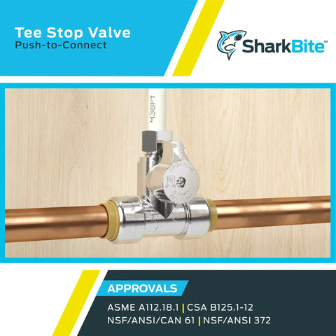 Three Quarter By Three Quarter By One Quarter Inch Brass Push To Connect Compression Tee Stop Valve For PEX Copper CPVC PERT HDPE Plumbing Fitting No Fuss Setup In Tight Spaces Easy Disconnect Clip Operation on copper pipes.