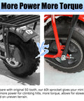 Comparison of 50T and 60T sprockets on mini bike, emphasizing power and torque features.