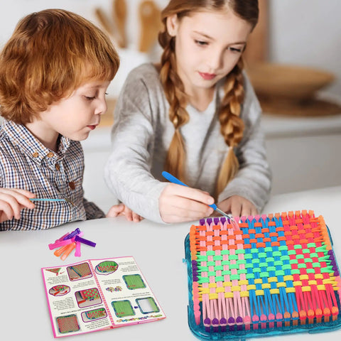 Children using Easy Potholder Loom Craft Kit For Kids And Beginners with rainbow loops, colorful weaving in progress.