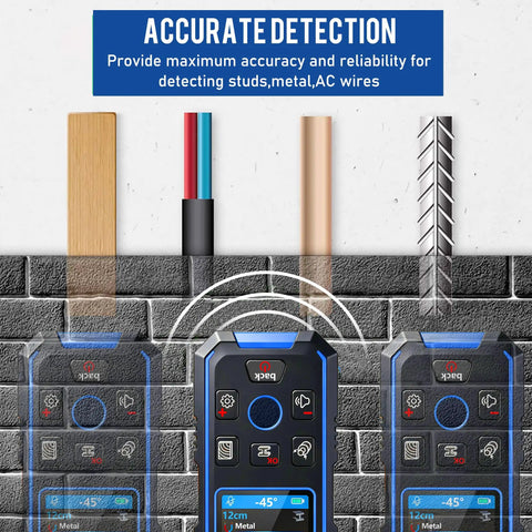 Stud Finder Wall Scanner4 in1Wall Stud Detector of AC Wire Wood Metal Studs with display, detecting wood, metal, and AC wires.