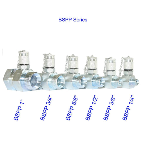 Six Pack BSPP Hydraulic Swivel Tees Kit With 1/4, 3/8, 1/2, 5/8, 3/4 And 1 Inch BSPP Sizes arranged in sequence