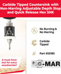 Slick Finishing Carbide Tipped 82 Degree Countersink Drill Bit With Adjustable Revolving Depth Stop For No Sweat Job Plug And Play Hybrid Hex Round Shank Compatible With Festool Centrotec 3 8 By 7 64 Inches showing carbide tipped design and adjustable depth stop.