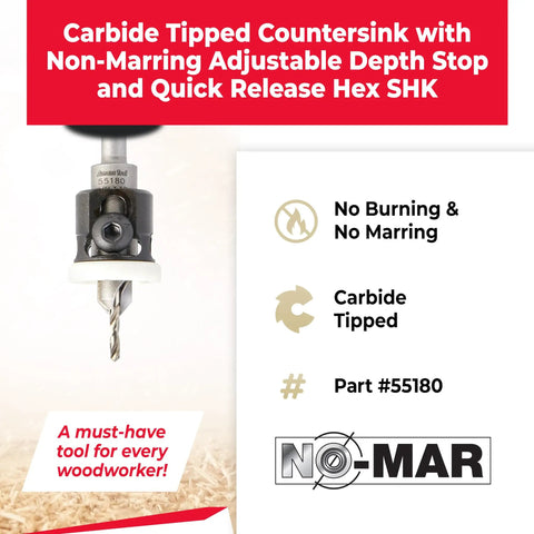 Slick Finishing Carbide Tipped 82 Degree Countersink Drill Bit With Adjustable Revolving Depth Stop For No Sweat Job Plug And Play Hybrid Hex Round Shank Compatible With Festool Centrotec 3 8 By 7 64 Inches showing carbide tipped design and adjustable depth stop.