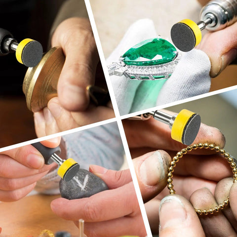 Polishing metal, jewelry with 372 Piece 1 Inch Sanding Disc Set With Hook And Loop Backing Drill And Rotary Tool Polishing Kit.