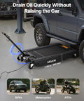Low Profile Oil Drain Pan 17 Gallon Tank With Electric Pump And Flex Hose For Trucks ATVs, showing tank under SUV, easy oil extraction.