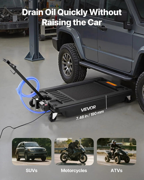 Low Profile Oil Drain Pan 17 Gallon Tank With Electric Pump And Flex Hose For Trucks ATVs, showing tank under SUV, easy oil extraction.