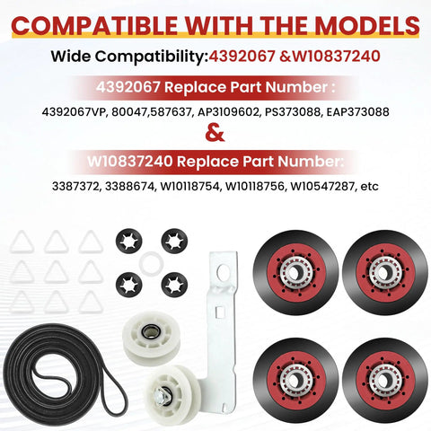 Components of Premium 4392067 Dryer Repair Kit With W10837240 Idler Pulley And WPW10314173 Roller laid out.