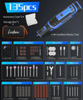 135 piece accessory kit for Heavy Duty Eight Volt Cordless Rotary Tool With 135 Piece Accessory Kit And Two Point Eight Amp Hour Battery Offering Five Variable Speed Levels Up To 30000 Rpm For Drilling Grinding Sanding Carving Engraving Polishing Cutting Without Any Cord Dragging.
