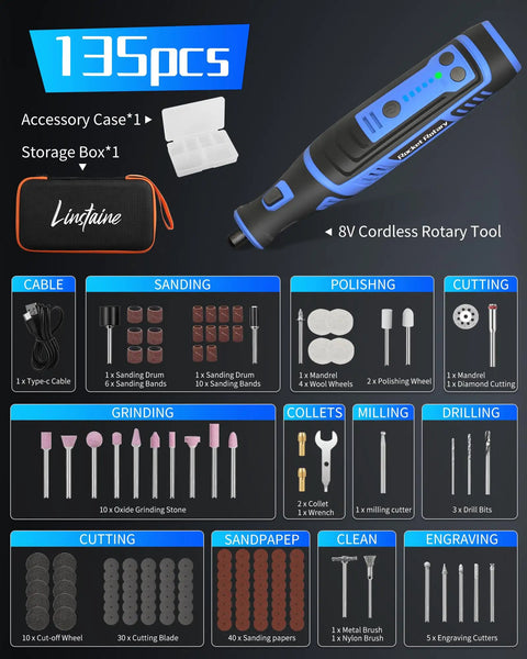 135 piece accessory kit for Heavy Duty Eight Volt Cordless Rotary Tool With 135 Piece Accessory Kit And Two Point Eight Amp Hour Battery Offering Five Variable Speed Levels Up To 30000 Rpm For Drilling Grinding Sanding Carving Engraving Polishing Cutting Without Any Cord Dragging.