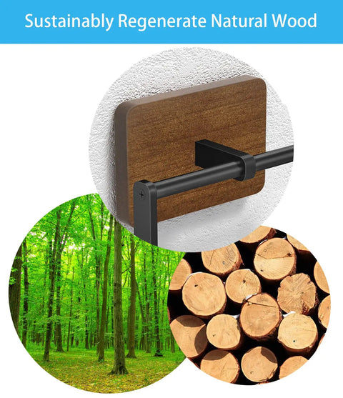 Two Pack Square Towel Ring With Rustic Wood And Matte Black Finish Highlighting Sustainable Materials