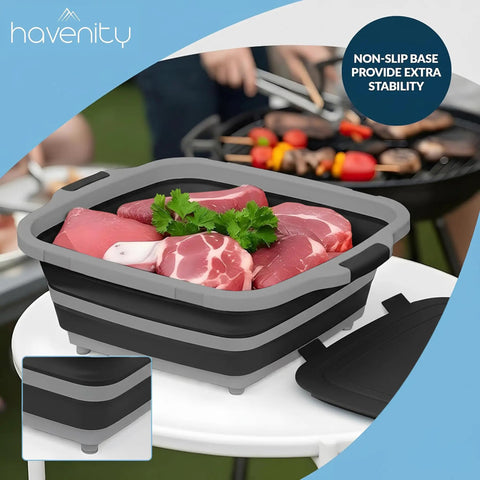 8L Collapsible BBQ Prep Tub With Locking Lid Multifunction Camping Cutting Board And Meat Storage Dish Basin Ideal For Grilling