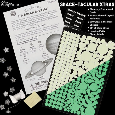 3D Solar System Glow In The Dark Ceiling Hanging Kit With Planets And Star Stickers For STEM Education Includes Mars Pluto