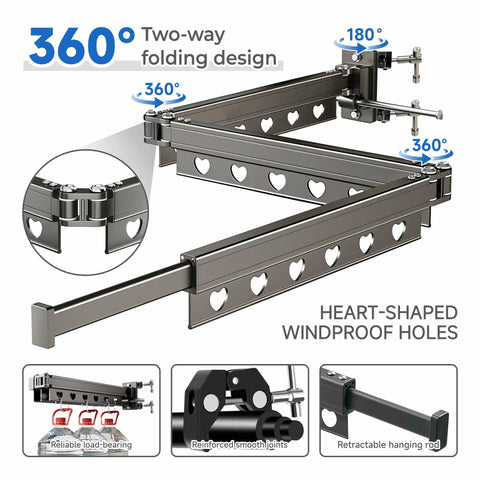 Heavy Duty RV Clothes Drying Rack With Four Telescoping Sections featuring heart-shaped windproof holes and 360-degree rotation