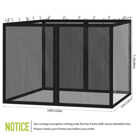 10x10 Ft Pop Up Canopy Mosquito Netting With Zipper Doors Universal Bug Screen Enclosure For Camping Patio And Backyard Create A Bug Free Outdoor Space While You Kick Back Black, dimensions labeled