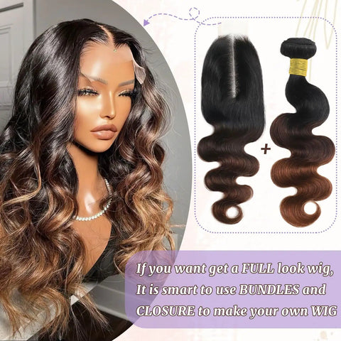 Model with Body Wave Ombre Hair Bundles 16 Inch 100 Percent Real Human Hair T1B 2 30 Chestnut Brown Ombre Color Double Machine Weft