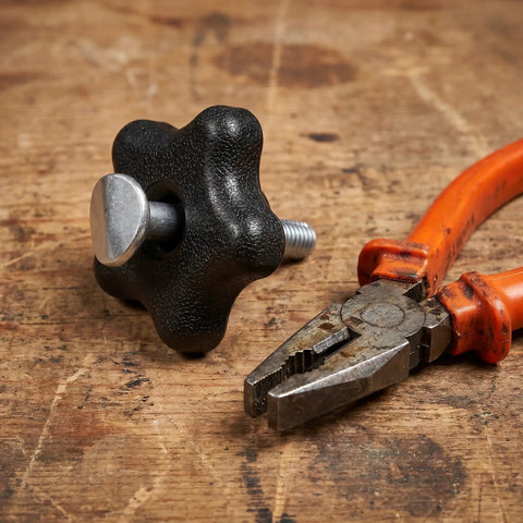 Upgrade Your Ride With These Top Notch 3 Pack Handle Knobs And Screw Bolts Kits For Lawn Mowers And Snow Blowers Featuring Durable Plastic Metal Grip That Slashes Hand Fatigue While Boosting Control For Any Serious Yard Work Job. Black 48mm knob with bolt beside pliers