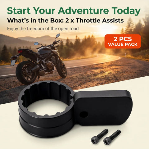 Heavy Duty Universal Motorcycle Throttle Grip Pair With Thumb Accelerator And Dead Nuts Secure Non Slip Housing No Sweat Quick Swap Setup For Scooters And E Bikes Smooth Daily Cruising close-up image of throttle assist with screws.