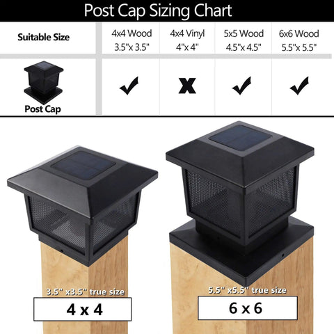 Two Pack Solar Flame Post Lights With 72 LED Flickering Flame Outdoor Cap Lights for 4x4 and 6x6 Wooden Posts Sizing Chart