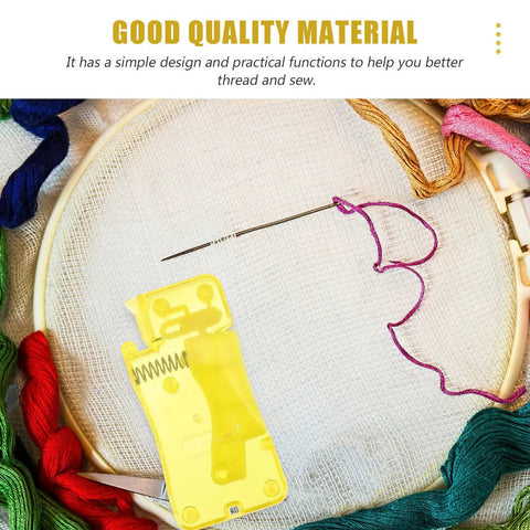 12 Piece Universal Needle Threader Kit For Sewing Projects, Easy Quick Threading For Hand And Machine Needles, Pro Grade Versatile Thread Compatibility, Durable PP Material, DIY Sewing Tool Set For Crafting, yellow PP threader on embroidery hoop
