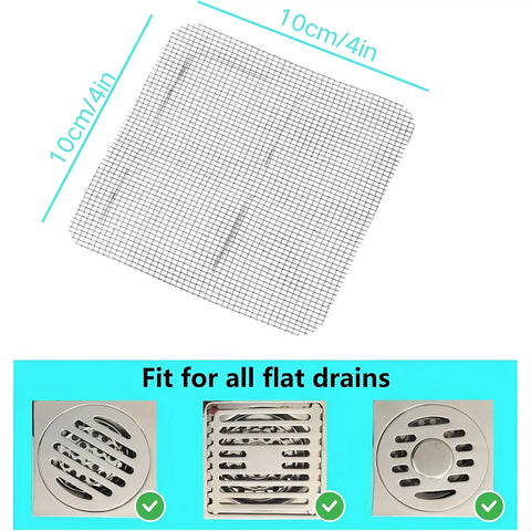 Hair Drain Stickers Disposable Hair Catcher for Shower Drain, 10cm square mesh hair catcher fits all flat drains.