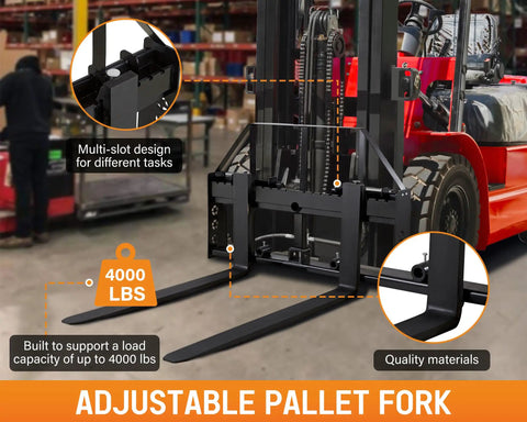 Premium Heavy Duty 45 Inch Tractor Pallet Forks Paired With Robust 50 Inch Forklift Blades showing adjustable design and load capacity.
