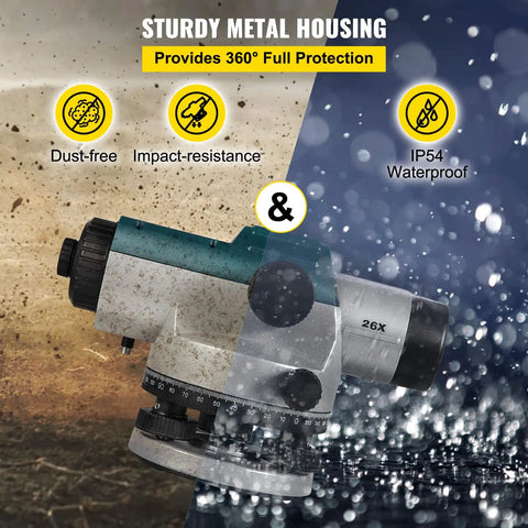 Super Precise 26X Automatic Transit Level Kit For Builders And Surveyors With 40mm Lens Offering High Accuracy Of 1/16 Inch At 100 Feet And Max Range Of 393 Feet Self Leveling Magnetic Dampened Compensator With Transport Lock IP54 Waterproof showing dust-free and waterproof features