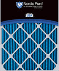 Close-up of six pack 1-inch pleated air filters, actual size 15.5 x 19.5 x 0.75, MERV 7 synthetic media, made in USA for HVAC systems.