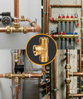 Brass 1/2-in pipe tee with two male and one female ends, shown in a copper plumbing installation collage.