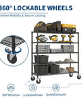 Heavy Duty Rolling Wire Shelving Cart With Five Adjustable Steel Shelves And Locking Swivel Wheels And Hella Solid 640 Lbs Per Tier Build For Garage Pantry Or Basement Storage, showcasing 360° lockable wheels and tools.