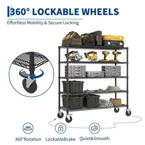 Rock Solid Heavy Duty 5 Tier Wire Shelving Rack On Rolling Casters With 3250 Lb Load Capacity For Garage Storage And Workshop Equipment Organization showing 360° lockable wheels and tool storage.