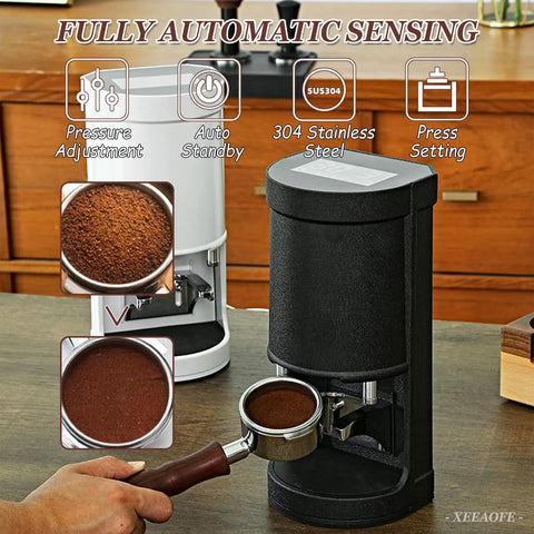 Straight Up Automatic Espresso Tamper 58mm Coffee Press With Digital Touchscreen Adjustable Pressure And No Sweat One Hand Operation For Flawless Daily Shots on a wooden table with a black finish.