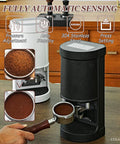 Automatic Electric Coffee Tamper For Espresso With Adjustable 5 To 30 Kilogram Pressure And Universal Portafilter Base close-up showing ground coffee.