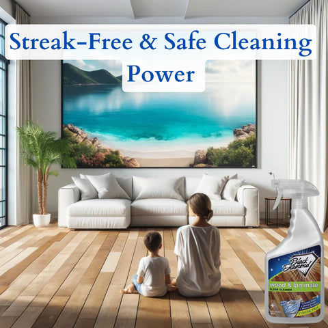 All In One Floor Cleaner Spray For Wood Laminate Hardwood And Luxury Vinyl Floors Delivers Streak Free Clean With Fast Dry No Rinse Formula 32 Oz Bottle next to couch in living room