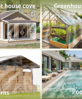 Six By Ten Foot Clear Waterproof Tarp With 11.8 Mil PVC shown protecting pet house, greenhouse, barn, and pool.