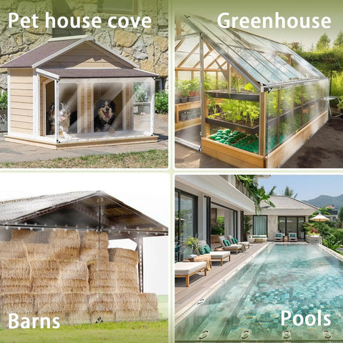 Clear 8x16 Ft Waterproof Tarp PVC 11.8 Mil Heavy Duty Tarpaulin used for pet house, greenhouse, barns, and pools.