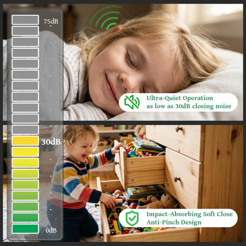 Smooth As Butter 18 Inch Undermount Drawer Slides Two Pack Soft Close showing quiet operation under 30dB with a child playing.