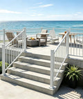 Badass 3Ft White Deck Railing Kit For Outdoor Porch Patio Balcony with smooth steps and ocean view in background.