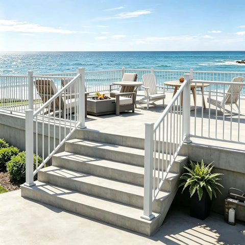 Badass 3Ft White Deck Railing Kit For Outdoor Porch Patio Balcony with smooth steps and ocean view in background.