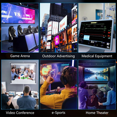 Collage of applications for Badass 8K HDMI Fiber Optic Cable 50FT 15M: game arena, outdoor advertising, medical equipment, video conference, e-sports, home theater.