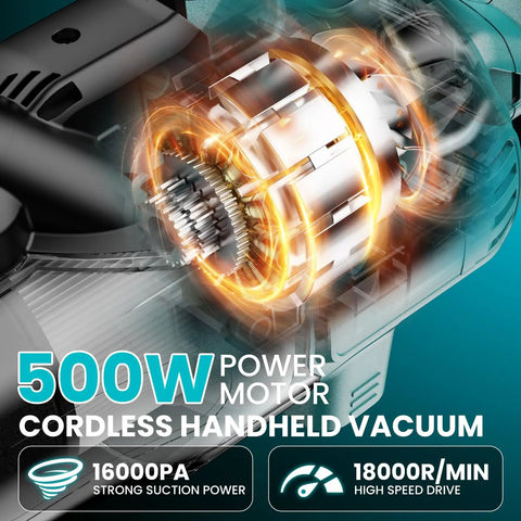 Cordless Handheld Vacuum Cleaner With 500W Motor graphic showing power and turbine spin at 18000 rpm, emphasizing suction strength.