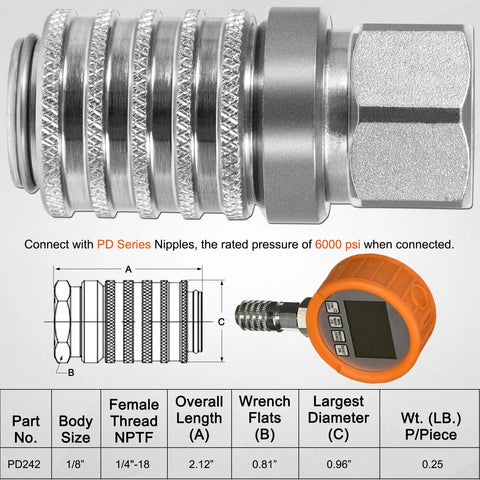 Steel Hydraulic Test Port Quick Connect Coupler With Female Pipe Thread, 1/8 Inch Body Size, 1/4 Inch To 18 NPTF Thread