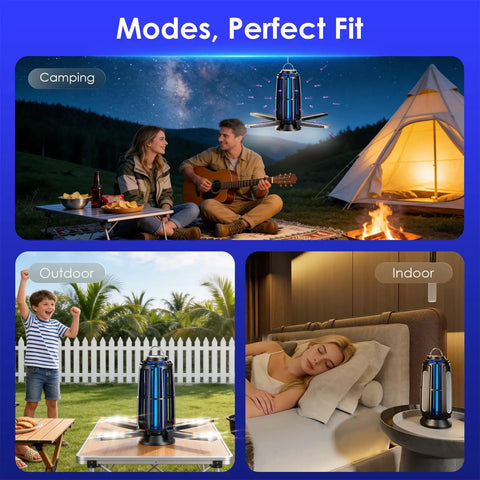 Sun Powered Dope Bug Zapper Outdoor With 5000mAh Battery USB-C Rechargeable And 4 Sided Solar Panels in various settings